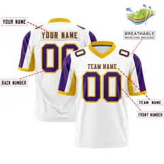 White Purple-Gold Color Block Raglan Sleeves Football Jersey 2