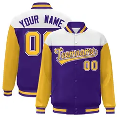 White Purple-Gold Color Block Varsity Full-Snap Letterman Baseball Jacket