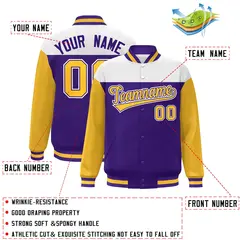 White Purple-Gold Color Block Varsity Full-Snap Letterman Baseball Jacket 2
