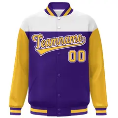 White Purple-Gold Color Block Varsity Full-Snap Letterman Baseball Jacket 3