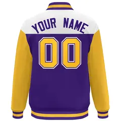 White Purple-Gold Color Block Varsity Full-Snap Letterman Baseball Jacket 4