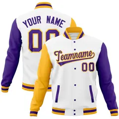 White Purple-Gold Full-Snap Raglan Varsity Letterman Jacket