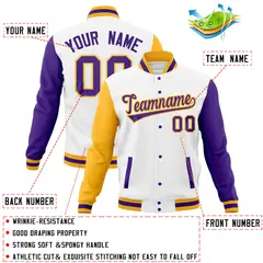 White Purple-Gold Full-Snap Raglan Varsity Letterman Jacket 4