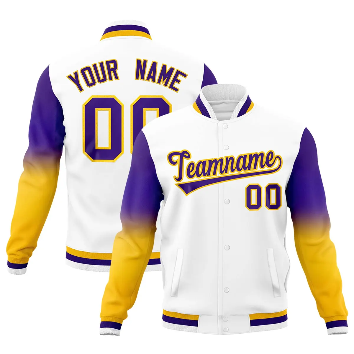 White Purple Gold Gradient Raglan Varsity Letterman Jacket