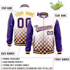 White Purple-Gold Grid Color Block Letterman Raglan Full-Zip Varsity Jacket 2