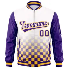 White Purple-Gold Grid Color Block Letterman Raglan Full-Zip Varsity Jacket 3