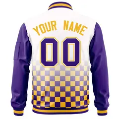 White Purple-Gold Grid Color Block Letterman Raglan Full-Zip Varsity Jacket 4