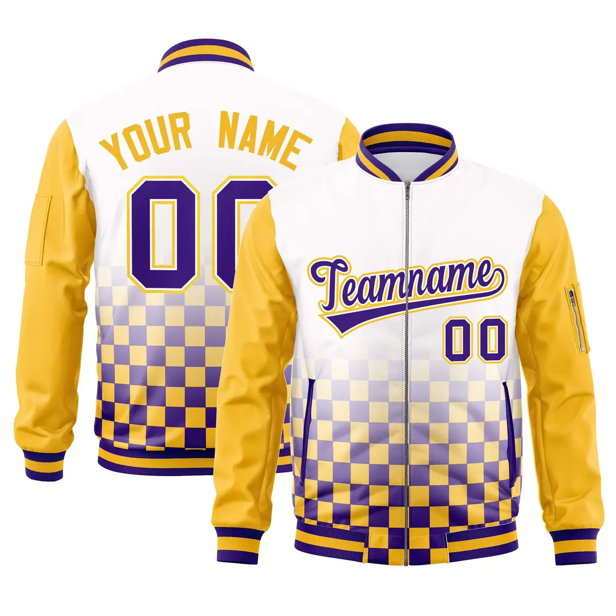 White Purple-Gold Grid Color Block Letterman Raglan Full-Zip Varsity Jacket