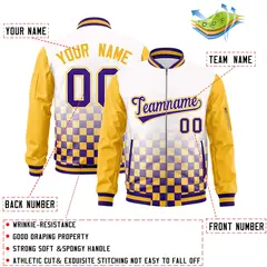 White Purple-Gold Grid Color Block Letterman Raglan Full-Zip Varsity Jacket 2