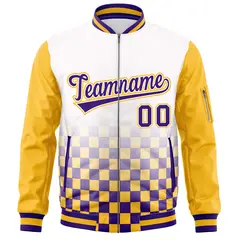 White Purple-Gold Grid Color Block Letterman Raglan Full-Zip Varsity Jacket 3