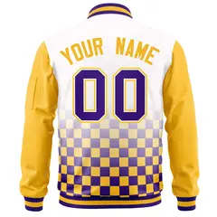 White Purple-Gold Grid Color Block Letterman Raglan Full-Zip Varsity Jacket 4