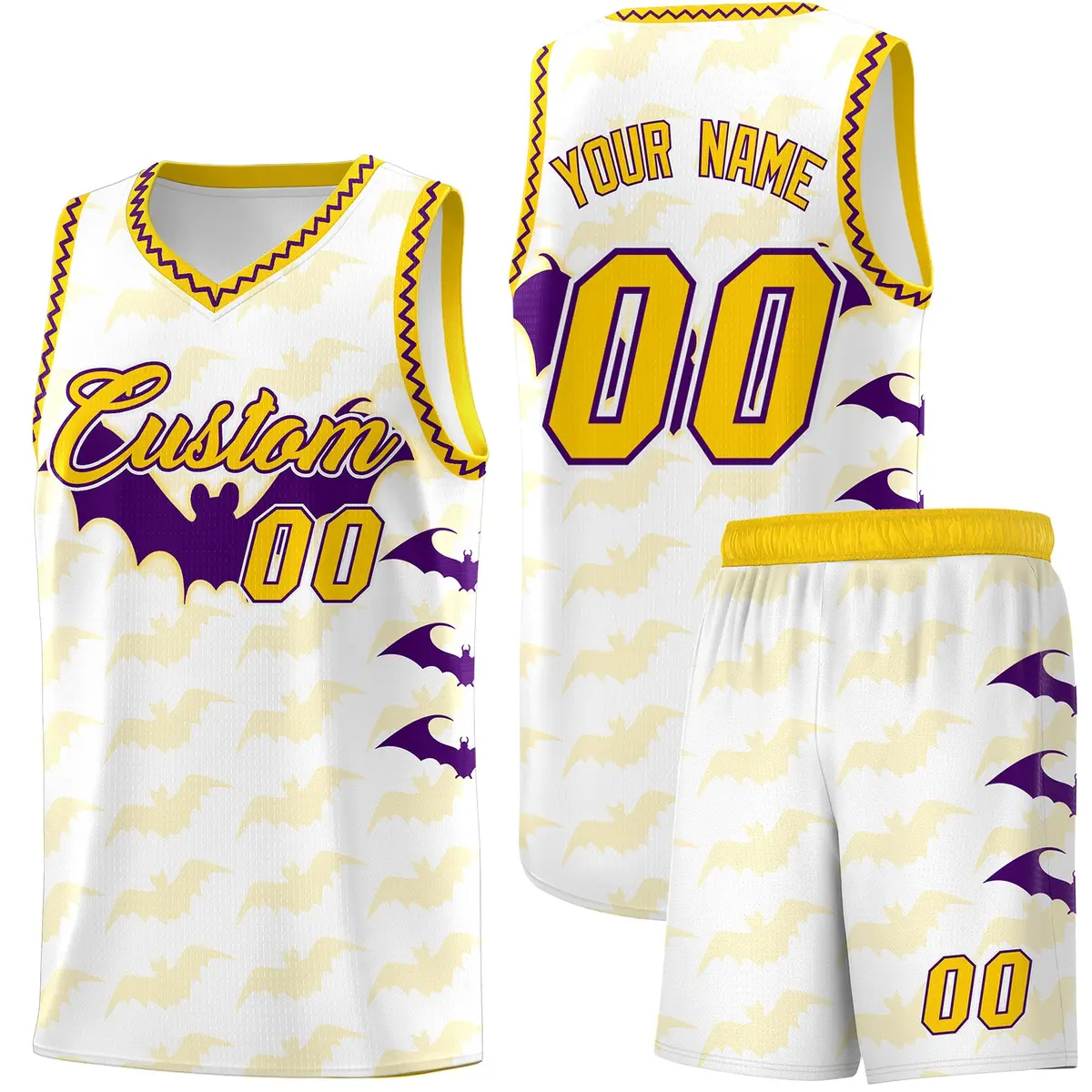 White Purple Gold Halloween Bat Pattern Basketball Jersey