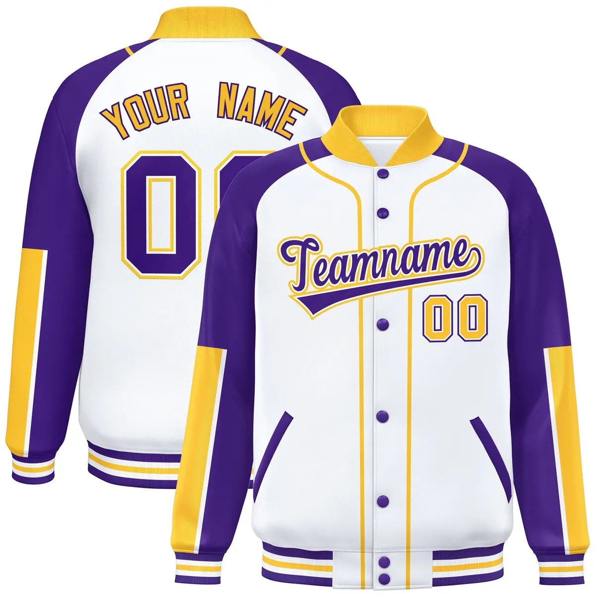 White Purple-Gold Raglan Full-Snap Letterman Baseball Jacket