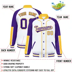 White Purple-Gold Raglan Full-Snap Letterman Baseball Jacket 2