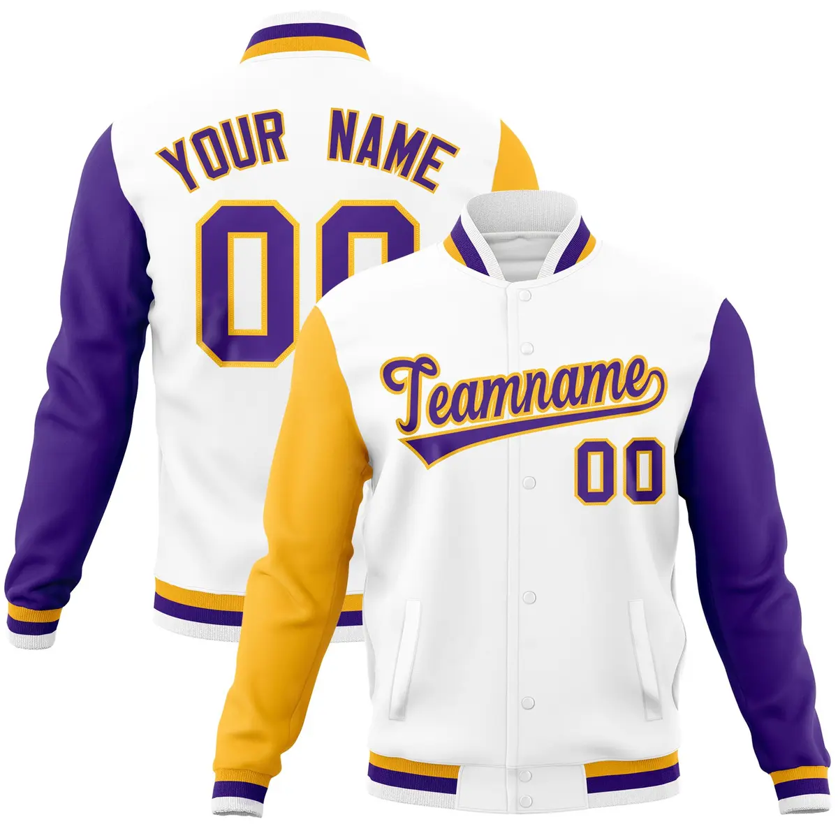 White Purple-Gold Raglan Full-Snap Varsity Letterman Jacket