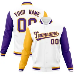 White Purple-Gold Raglan Full-Snap Varsity Letterman Jacket
