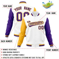 White Purple-Gold Raglan Full-Snap Varsity Letterman Jacket 4