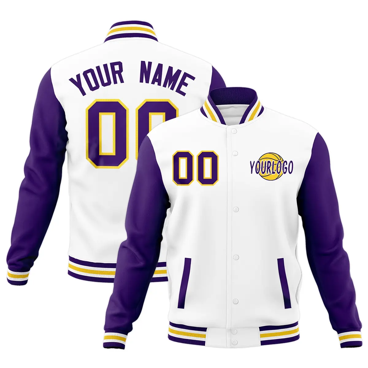 White Purple Gold Raglan Sleeve Cotton Letterman Jacket