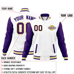 White Purple Gold Raglan Sleeve Cotton Letterman Jacket 2