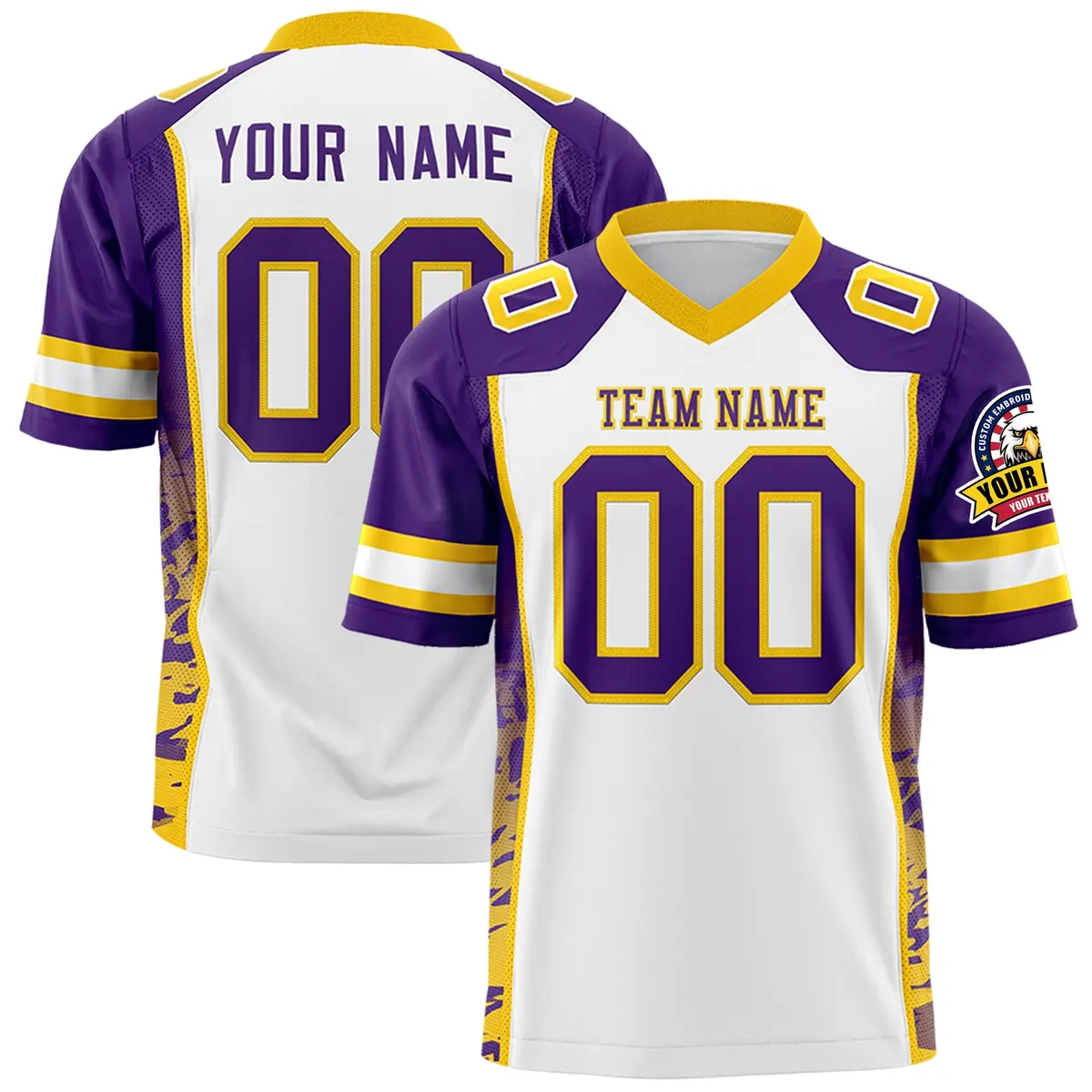 White Purple-Gold Raglan Sleeves Side Pattern Football Jersey