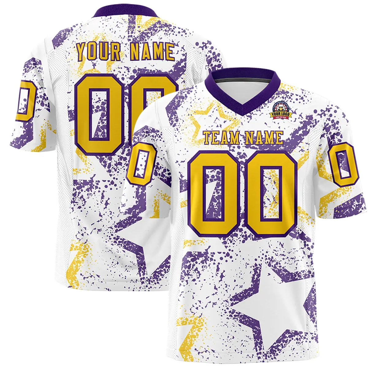 White Purple-Gold Star Graffiti Pattern Football Jersey