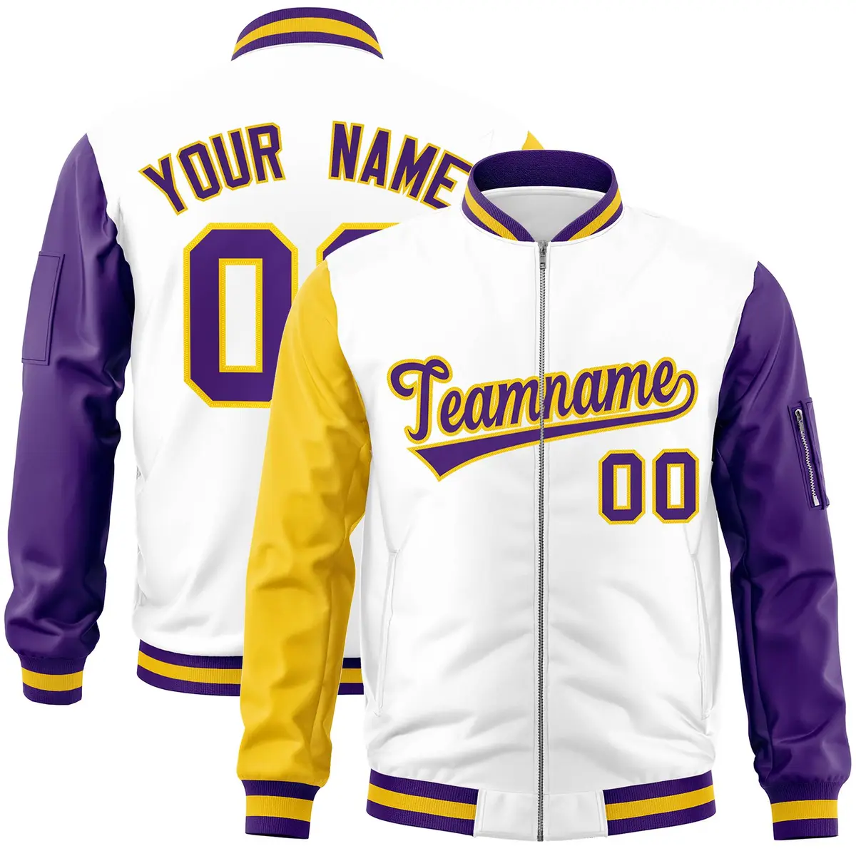 White Purple-Gold Varsity Full-Zip Raglan Letterman Bomber Jacket