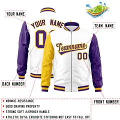 White Purple-Gold Varsity Full-Zip Raglan Letterman Bomber Jacket 2