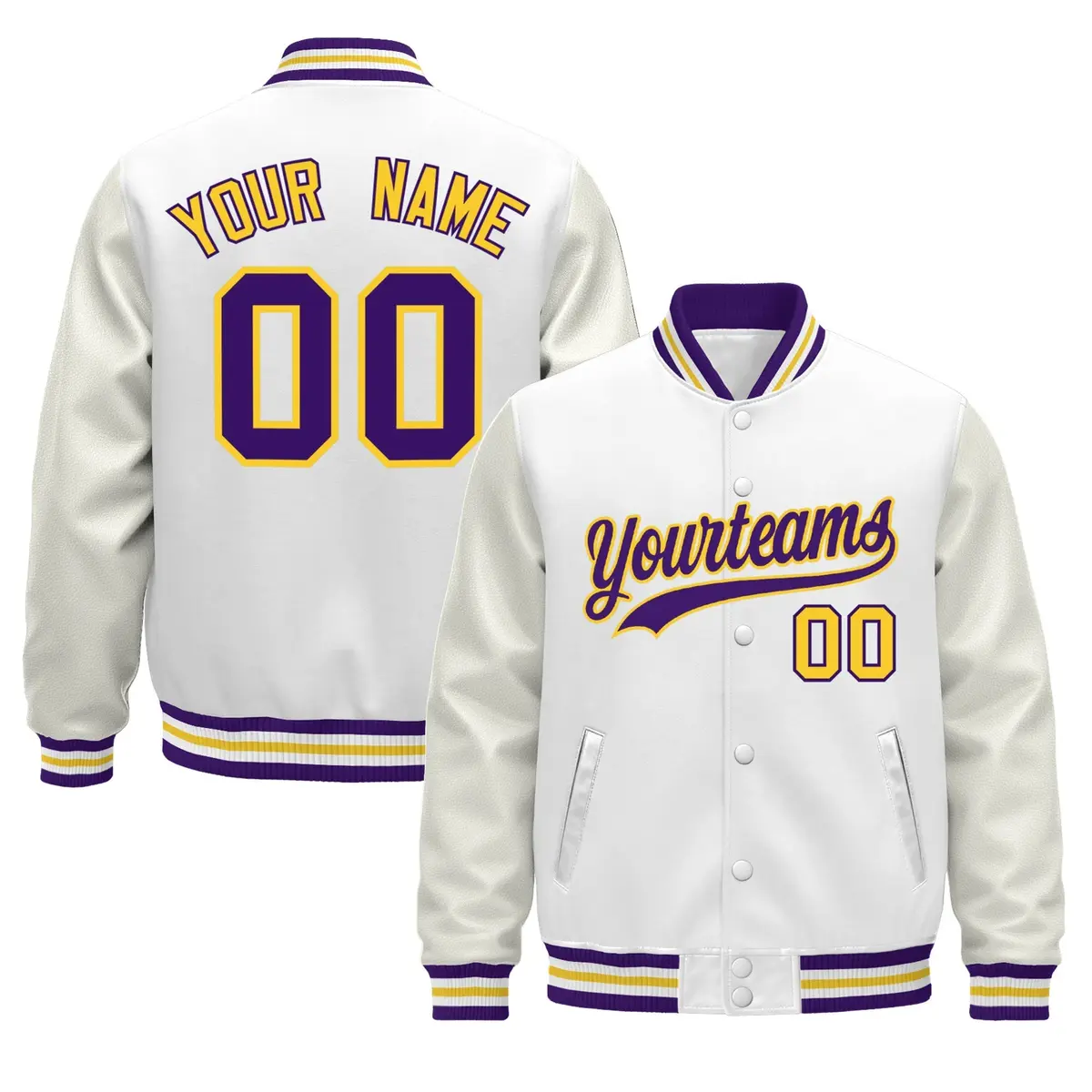 White Purple Gold Varsity Jacket with Faux Leather Sleeves