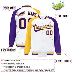 White Purple-Gold Varsity Raglan Letterman Bomber Jacket 2