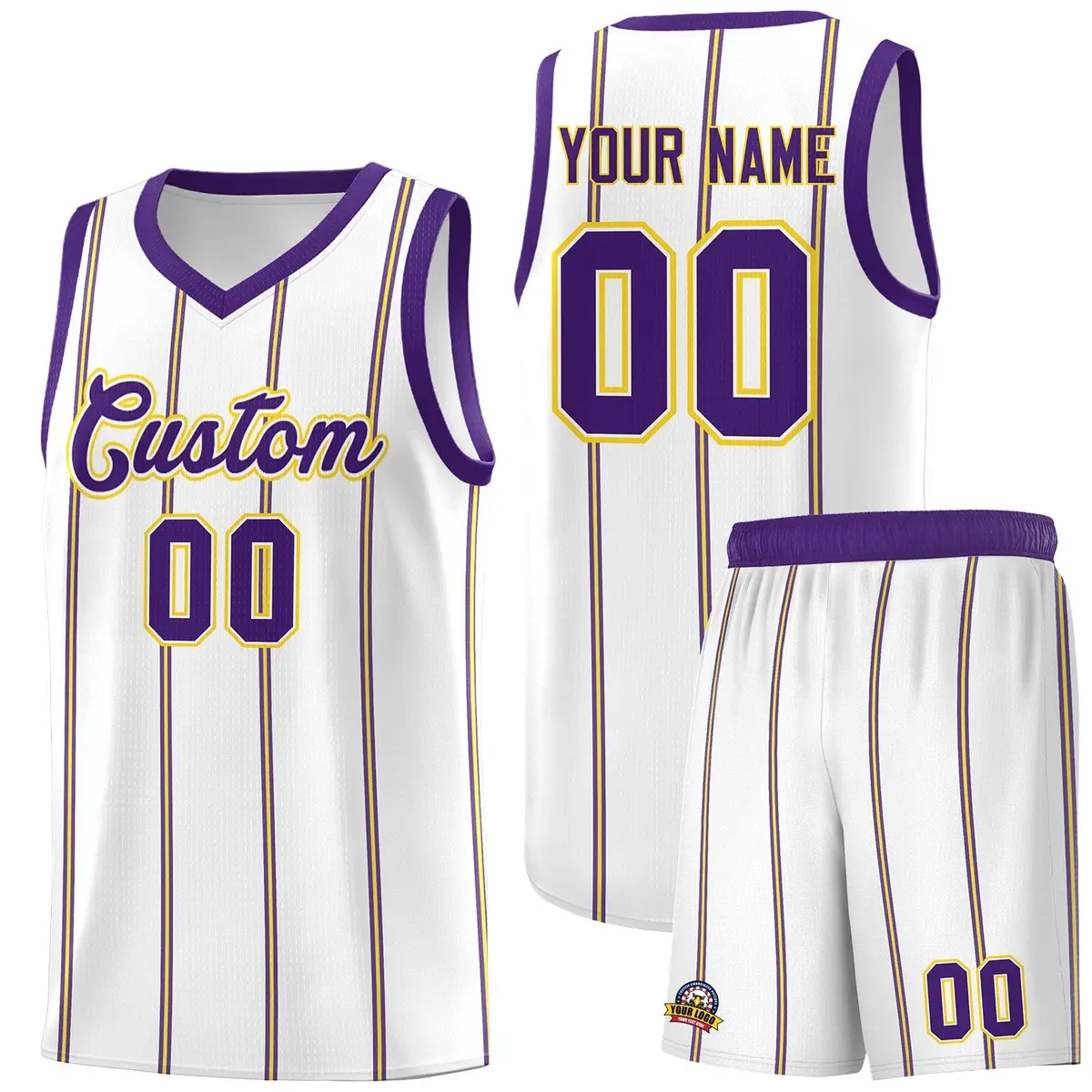 White Purple Gold Vertical Stripes Basketball Jersey Set