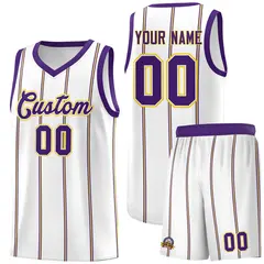 White Purple Gold Vertical Stripes Basketball Jersey Set