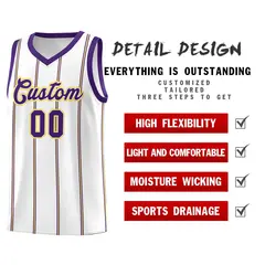 White Purple Gold Vertical Stripes Basketball Jersey Set 2