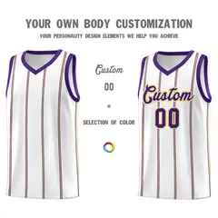 White Purple Gold Vertical Stripes Basketball Jersey Set 3