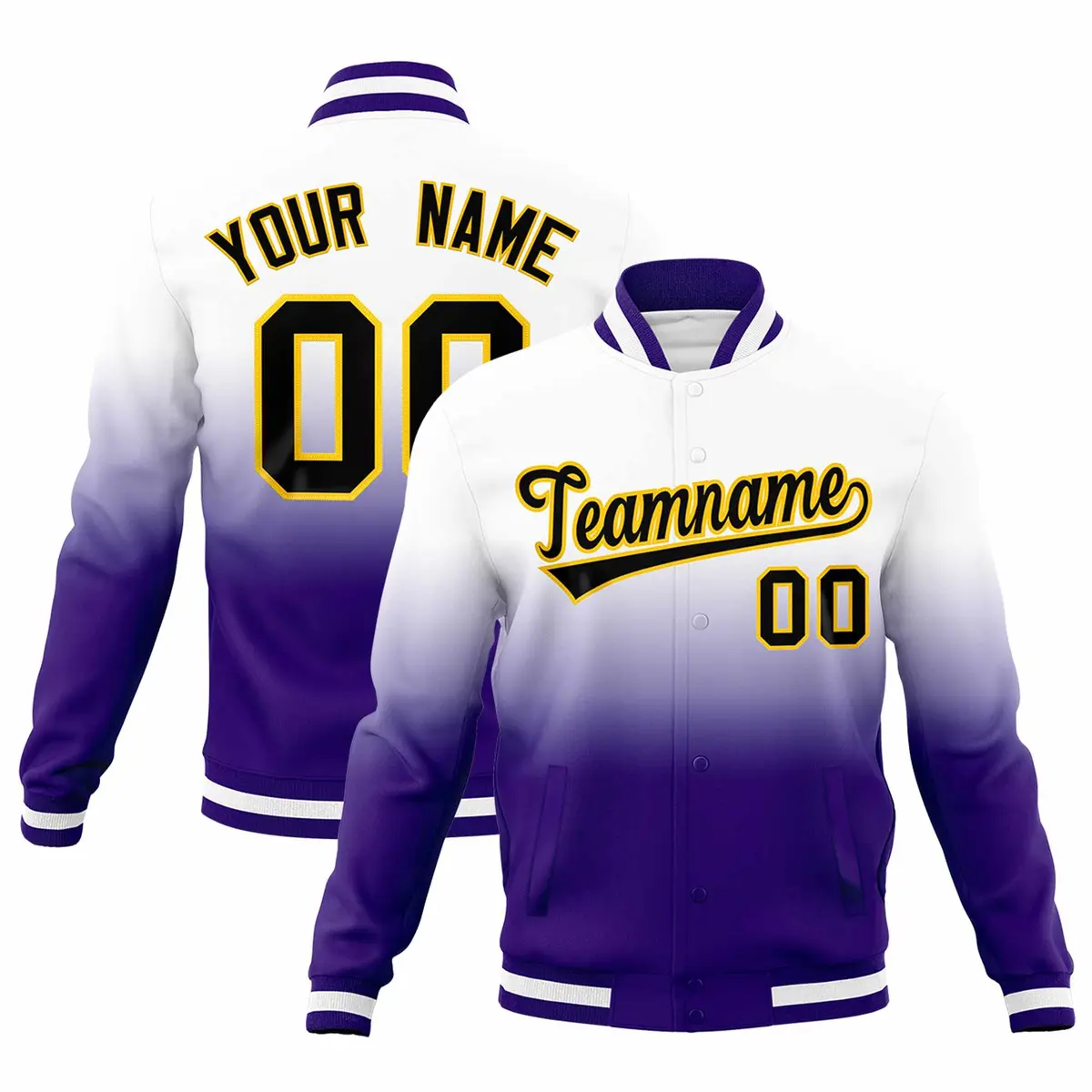 White Purple Gradient Full-Snap Varsity Letterman Jacket