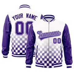 White Purple Grid Color Block Letterman Raglan Sleeve Jacket