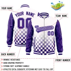 White Purple Grid Color Block Letterman Raglan Sleeve Jacket 2