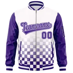 White Purple Grid Color Block Letterman Raglan Sleeve Jacket 3