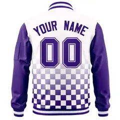 White Purple Grid Color Block Letterman Raglan Sleeve Jacket 4