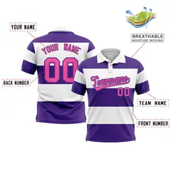 White-Purple Horizontal Stripe Performance Polo Shirt 2