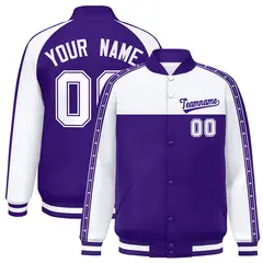 White Purple K-Ribbon Raglan Full-Snap Color Block Letterman Jacket 1