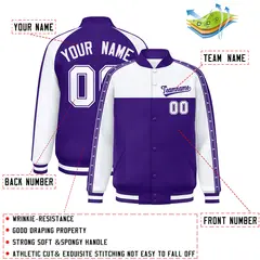 White Purple K-Ribbon Raglan Full-Snap Color Block Letterman Jacket 2