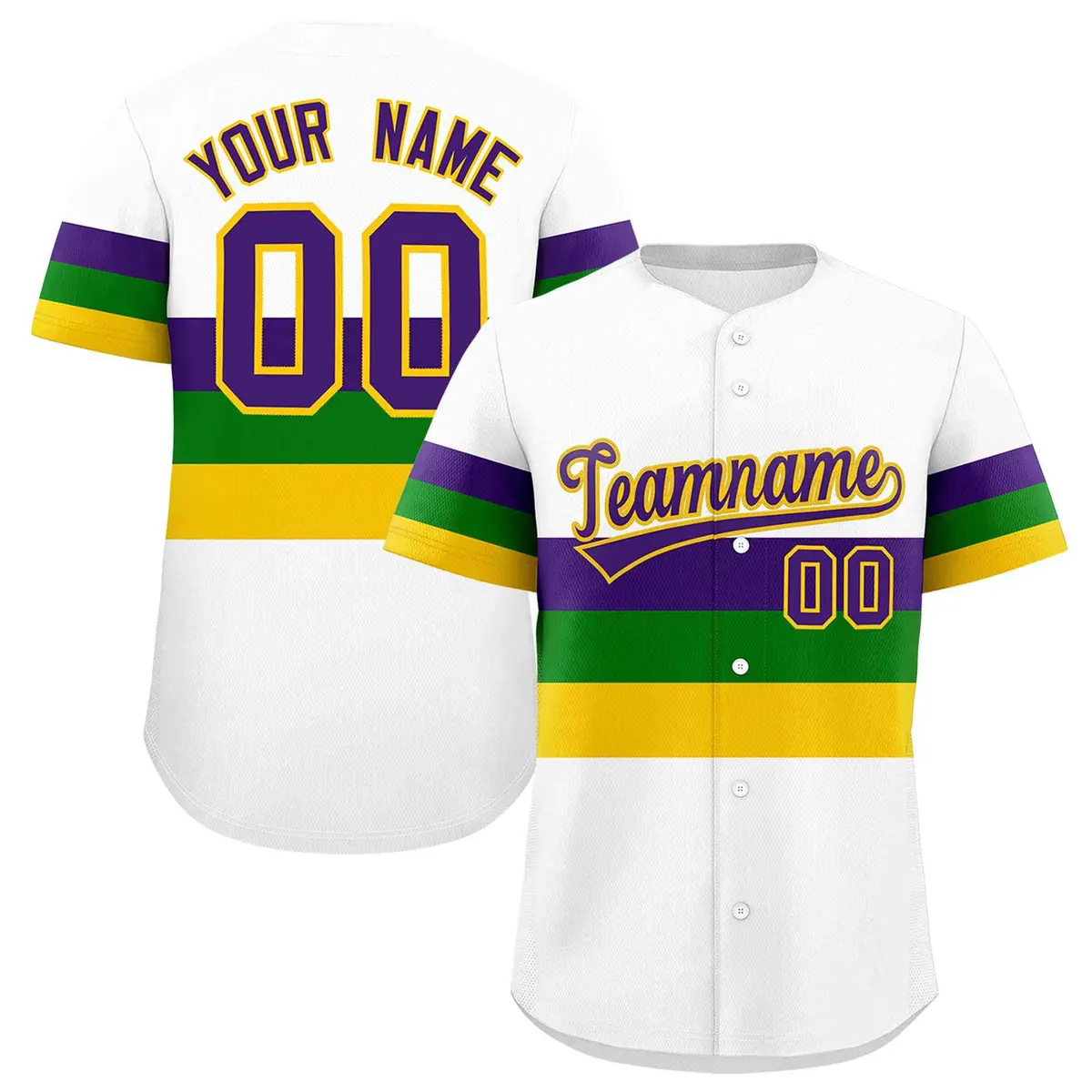 White Purple Kelly Green Gold Mardi Gras Baseball Jersey