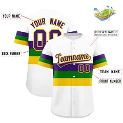 White Purple Kelly Green Gold Mardi Gras Baseball Jersey 3