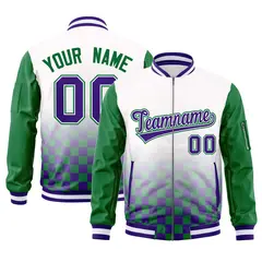 White Purple-Kelly Green Grid Color Block Letterman Raglan Jacket 1