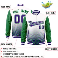 White Purple-Kelly Green Grid Color Block Letterman Raglan Jacket 2