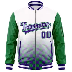 White Purple-Kelly Green Grid Color Block Letterman Raglan Jacket 3