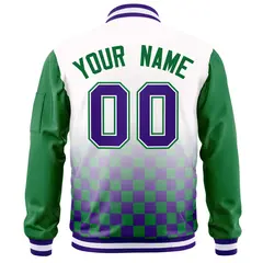 White Purple-Kelly Green Grid Color Block Letterman Raglan Jacket 4