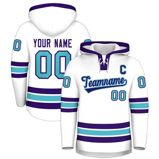 White Purple Lace-Up Neck Hockey Hoodie