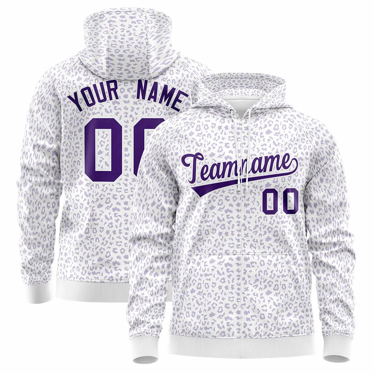 White Purple Leopard Print Varsity Full-Zip Letterman Jacket Hoodie