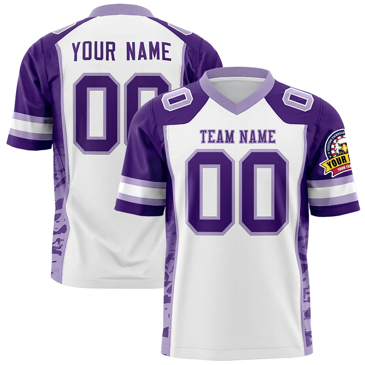 White Purple-Light Purple Raglan Side Pattern Football Jersey